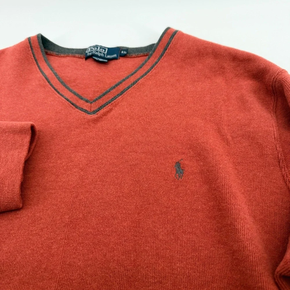 Vintage Polo Ralph Lauren Sweater Men XL Orange V-Neck Cotton Knit Pullover Pony